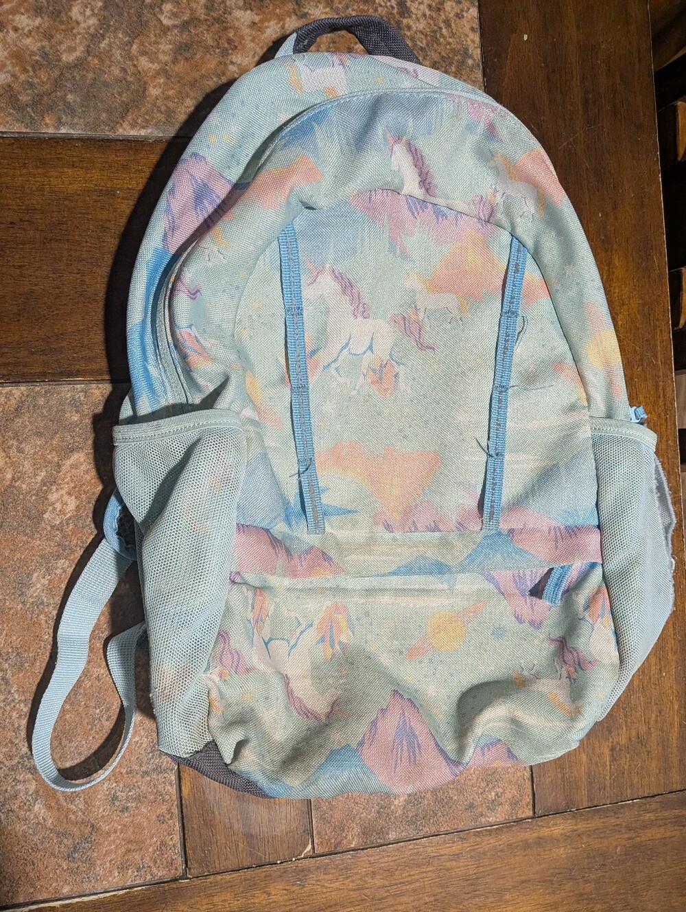 Lands End Unicorn Print Light Blue Backpack
